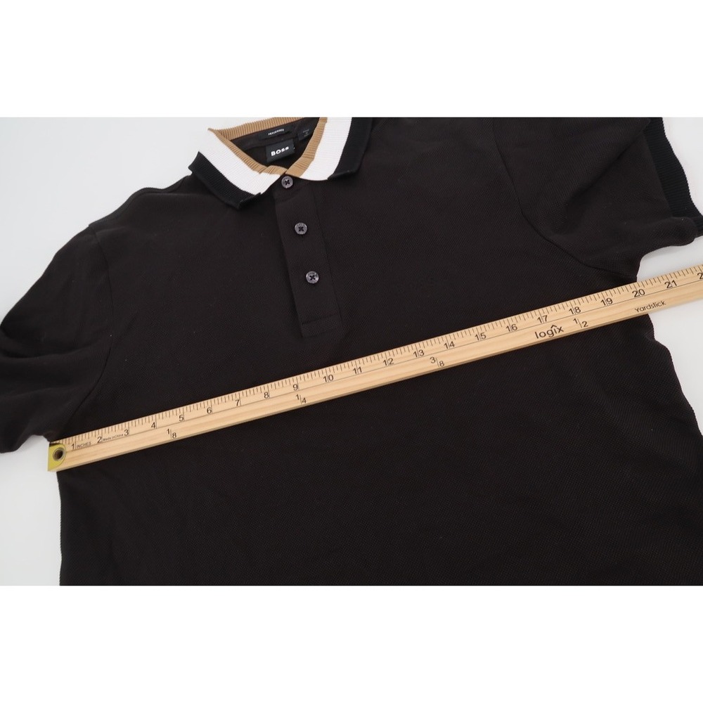 Hugo Boss Prout Polo Shirt Mens Medium Black Tan Striped Pique Contrast Collar - Picture 10 of 13